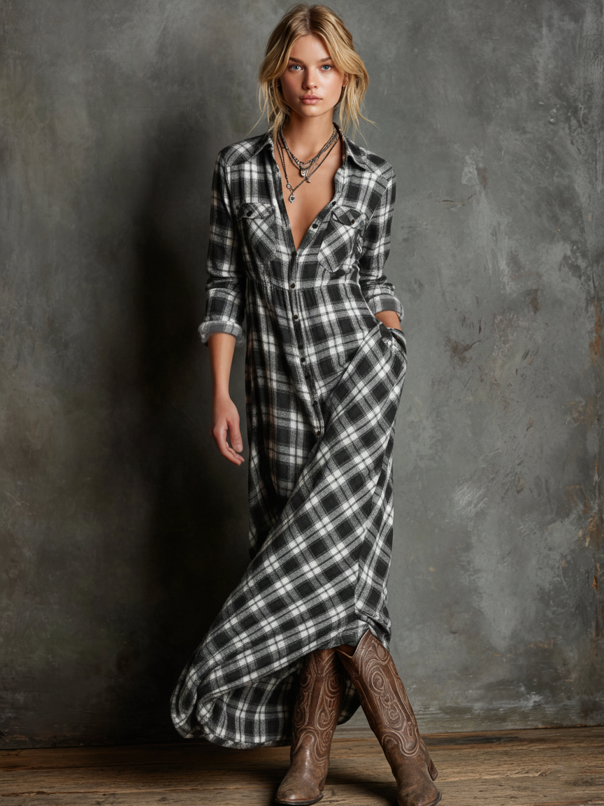 Tiara | Maxi Shirt Dress in Checkered Pattern with Lapel and Buttons
