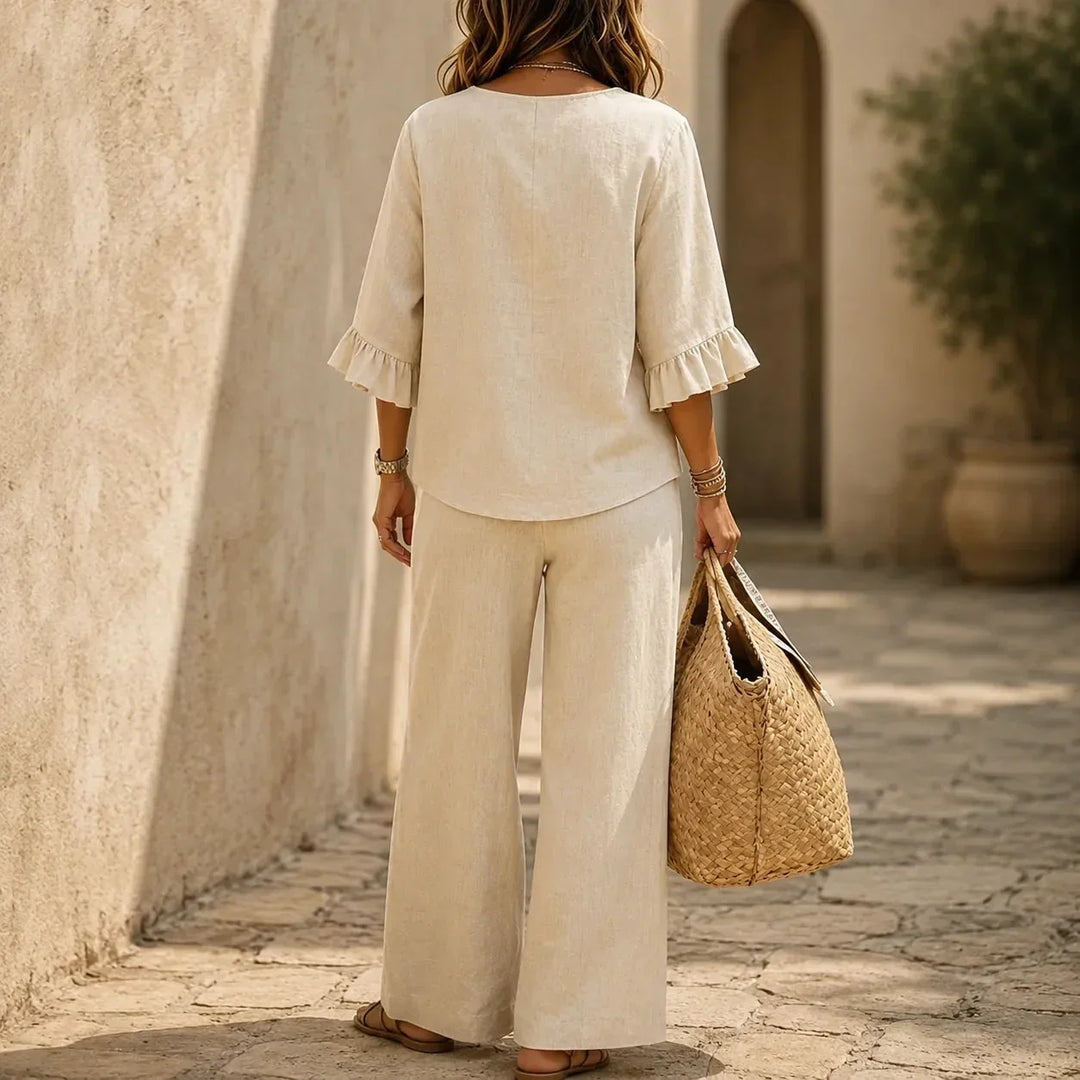Louna | Ruffled Sleeve Linen Effect Set with Wide Leg Pants