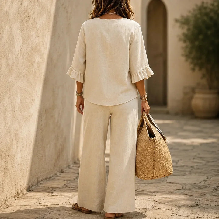 Louna | Ruffled Sleeve Linen Effect Set with Wide Leg Pants