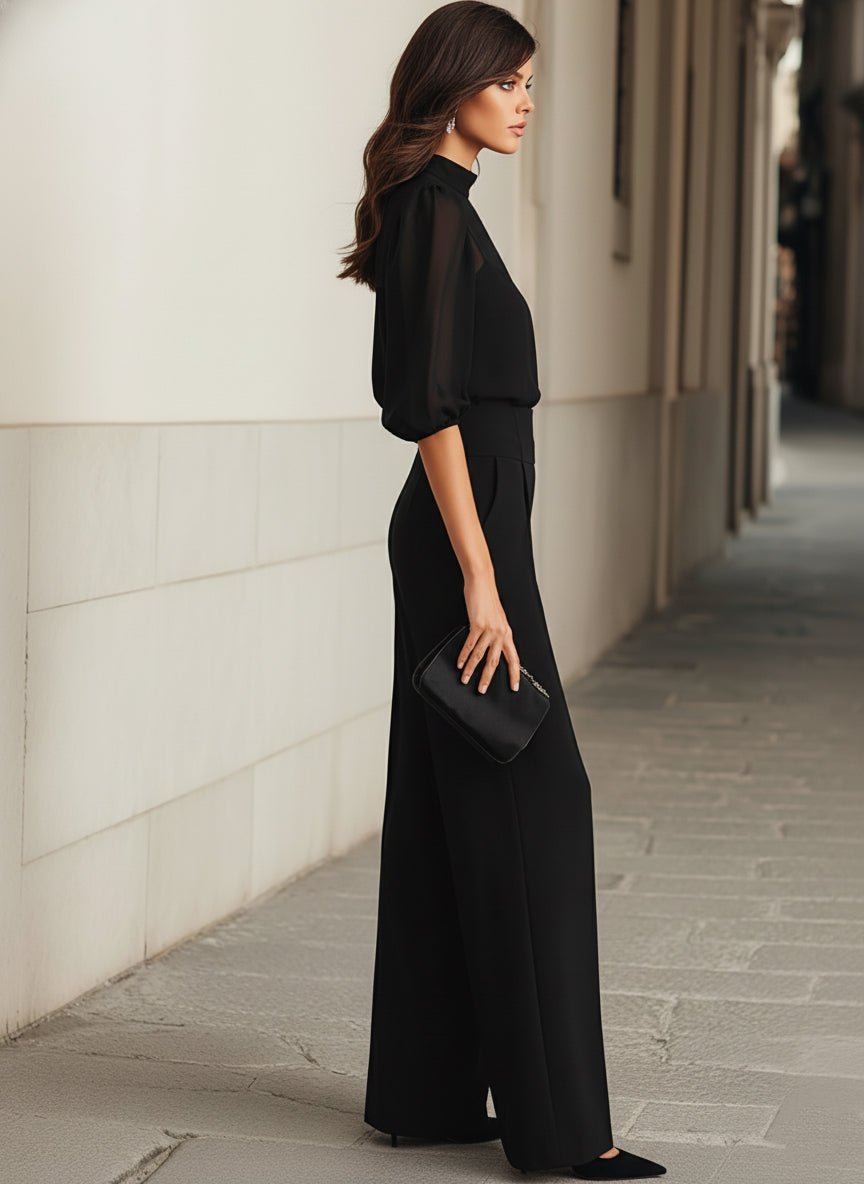 Billie | Black Chiffon Top And Wide Leg Pants Three Piece Set