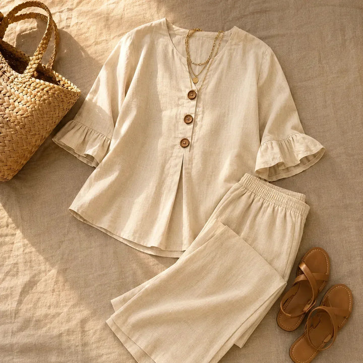 Louna | Ruffled Sleeve Linen Effect Set with Wide Leg Pants