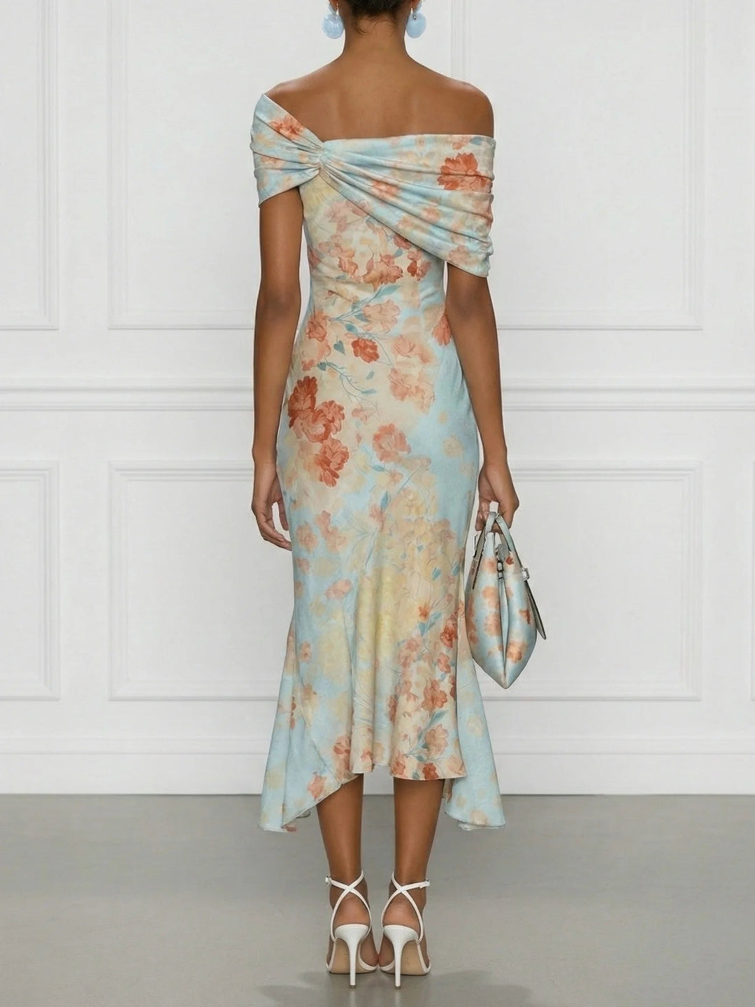 Vittoria | Sleeveless Mermaid Midi Dress with Off-the-Shoulder Neckline and Blue Floral Pattern