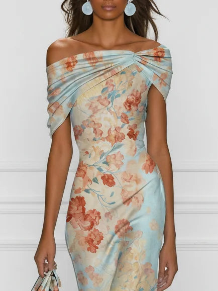 Vittoria | Sleeveless Mermaid Midi Dress with Off-the-Shoulder Neckline and Blue Floral Pattern