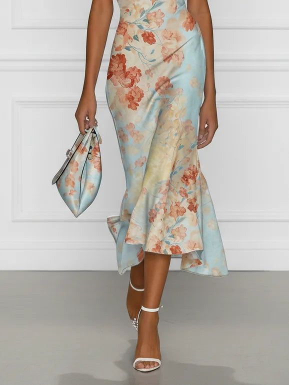 Vittoria | Sleeveless Mermaid Midi Dress with Off-the-Shoulder Neckline and Blue Floral Pattern
