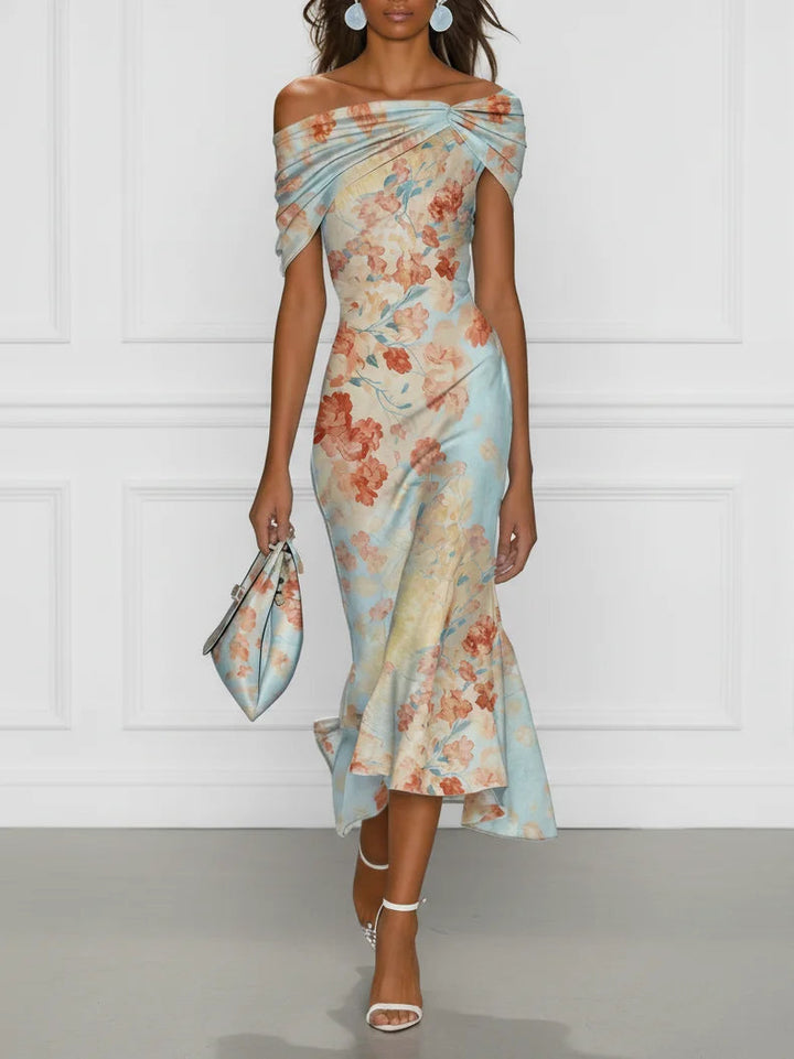 Vittoria | Sleeveless Mermaid Midi Dress with Off-the-Shoulder Neckline and Blue Floral Pattern