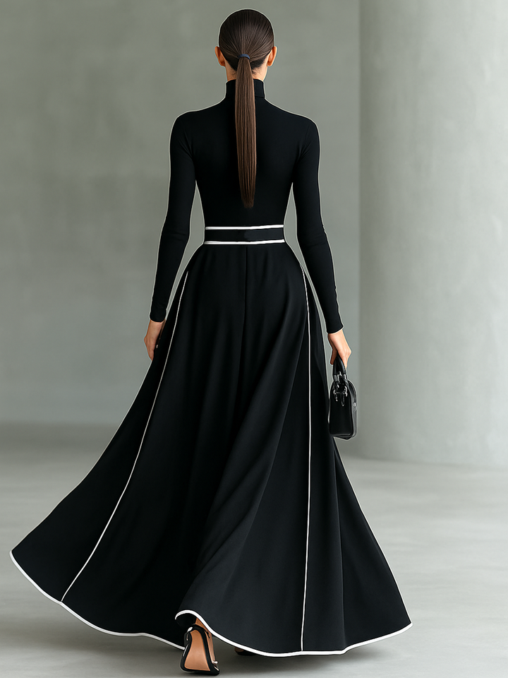 Felise | Black Stitching White Trim High Collar Long Sleeve Tight Belt Maxi Dress