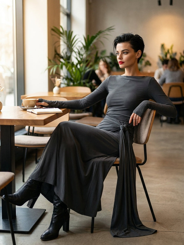 Mira | Gray Exquisite Stretch Blended Fabric Wrap Dress - Knotted Maxi Dress