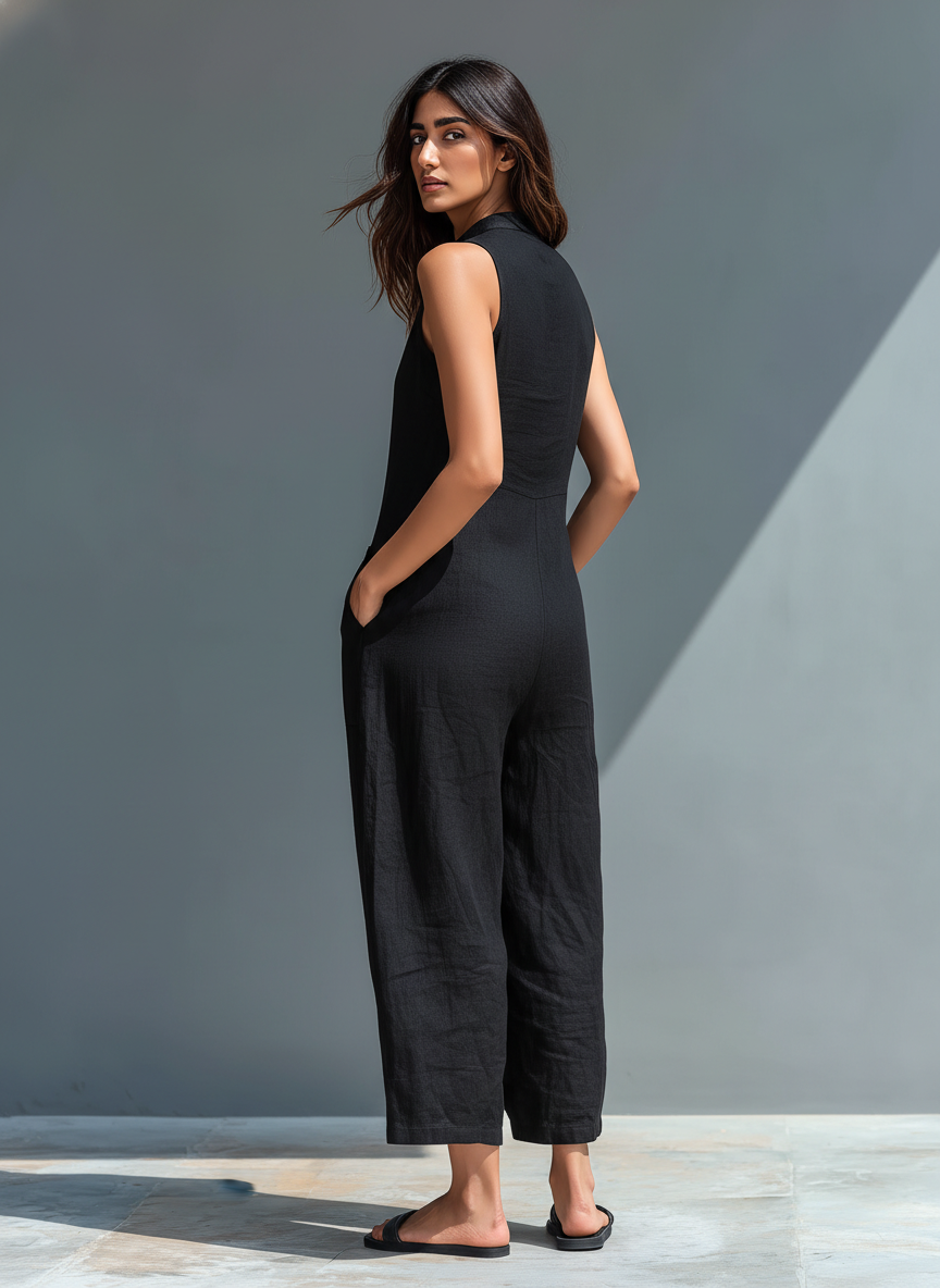 Sienna | Sleeveless jumpsuit with high collar, made of mixed linen and buttons