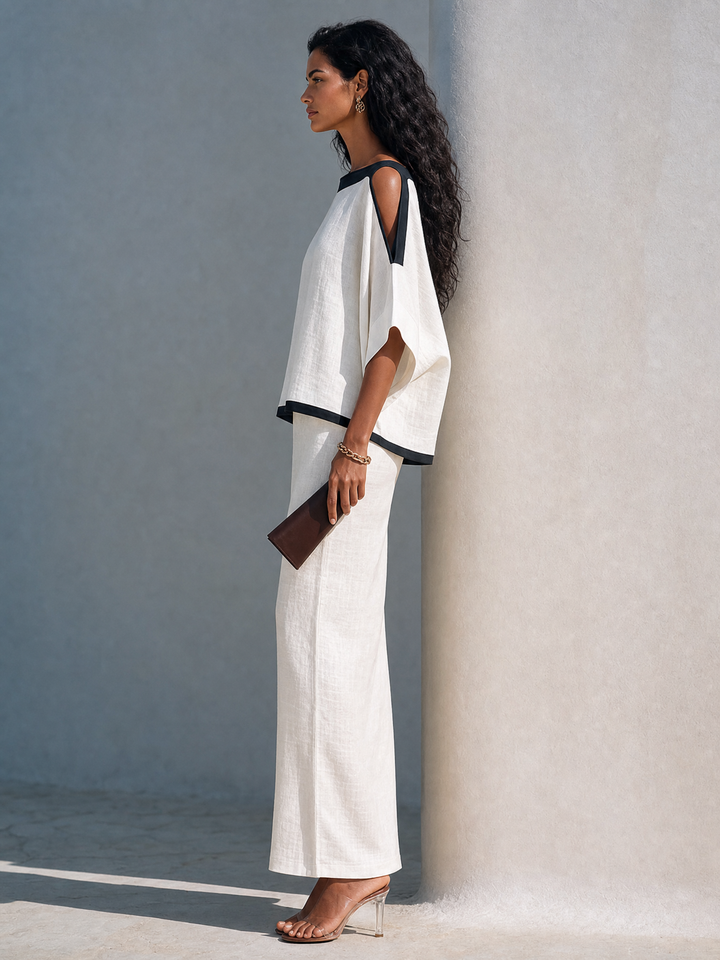 Nicoletta | Linen Blend Set with Contrasting Black Trim, White