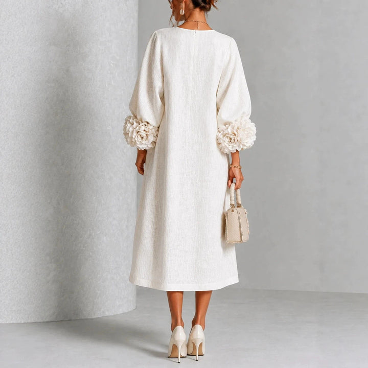 Hadlee Rosette-Cuff Button Midi Dress in white, back view