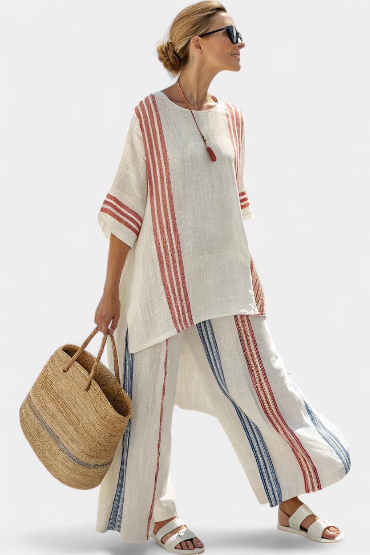 Solvane | Sophisticated Multicolor Striped Top &amp; Mediterranean Pants