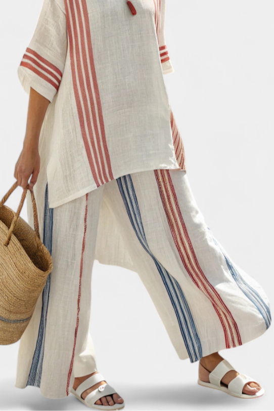 Solvane | Sophisticated Multicolor Striped Top &amp; Mediterranean Pants