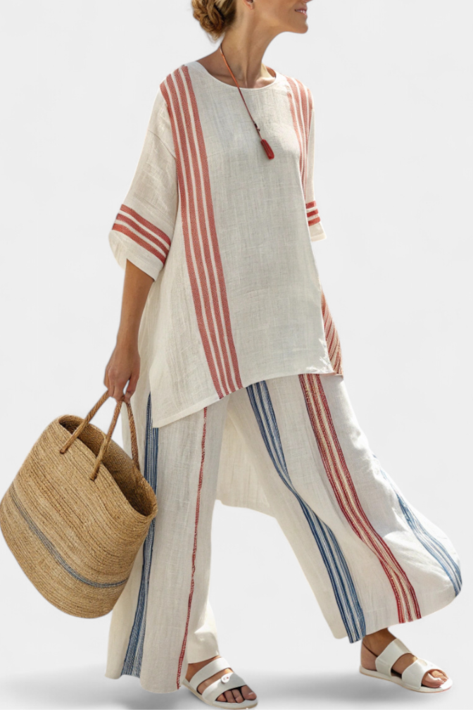 Solvane | Sophisticated Multicolor Striped Top &amp; Mediterranean Pants