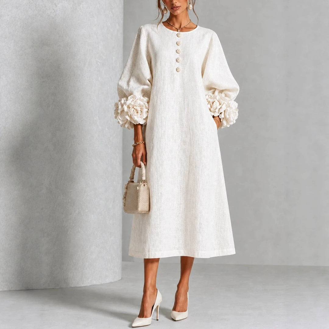 Hadlee Rosette-Cuff Button Midi Dress in white, front view