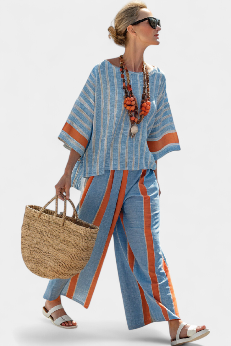 Velmere | Sophisticated Terracotta Striped Top &amp; Linen Pants