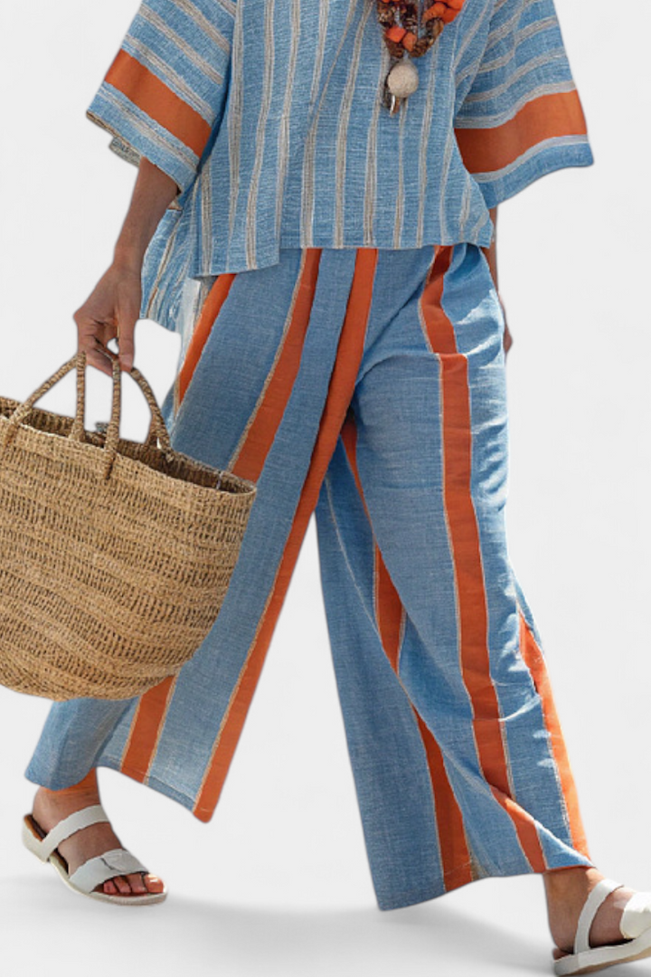 Velmere | Sophisticated Terracotta Striped Top &amp; Linen Pants
