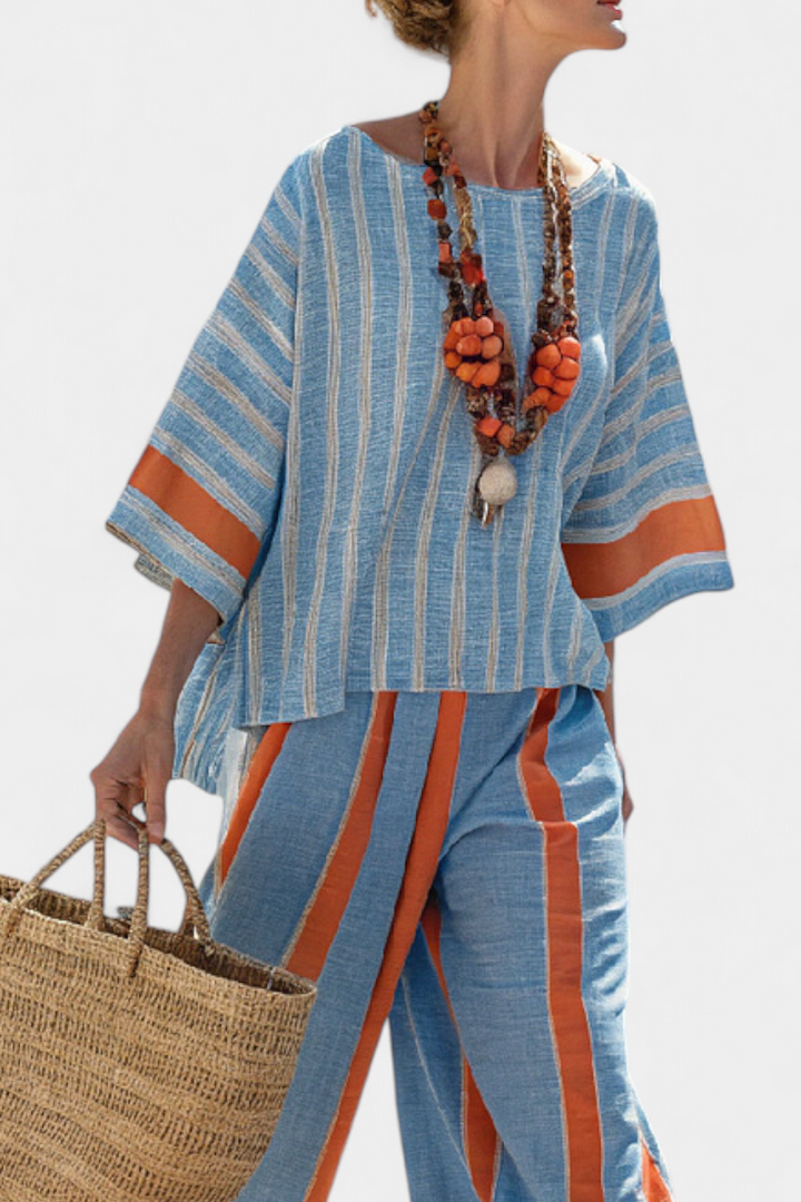 Velmere | Sophisticated Terracotta Striped Top &amp; Linen Pants