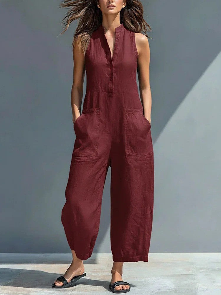 Sienna | Sleeveless jumpsuit with high collar, made of mixed linen and buttons