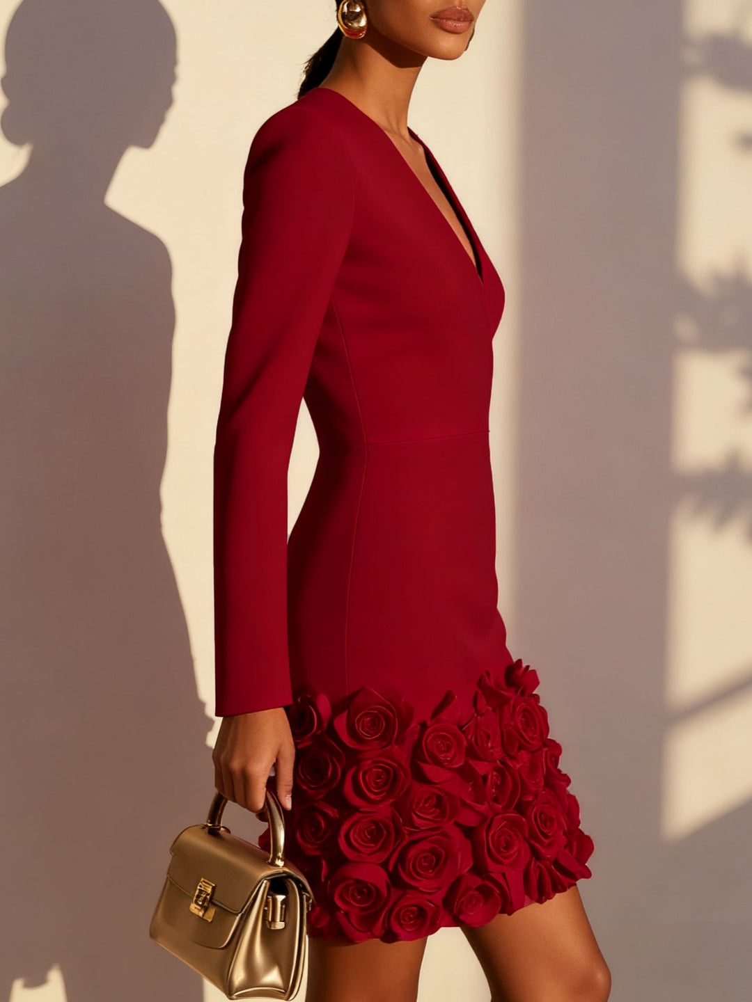 Delaney red mini dress with 3D flowers, side view
