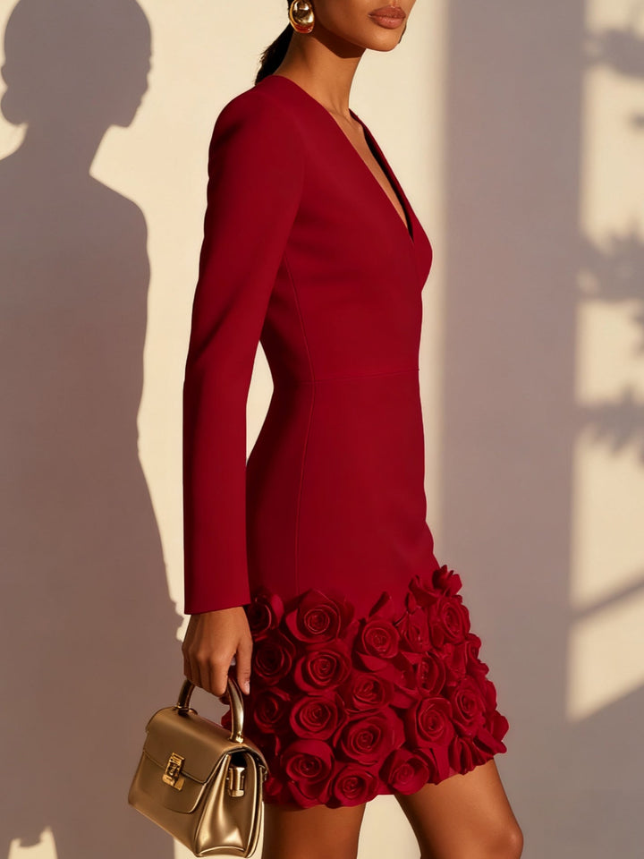 Delaney red mini dress with 3D flowers, side view