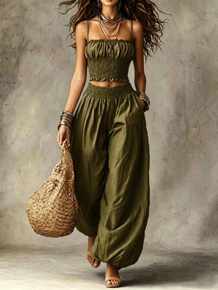 Tiara | Two-Piece Set with Smocked Crop Top and Wide Leg Pants