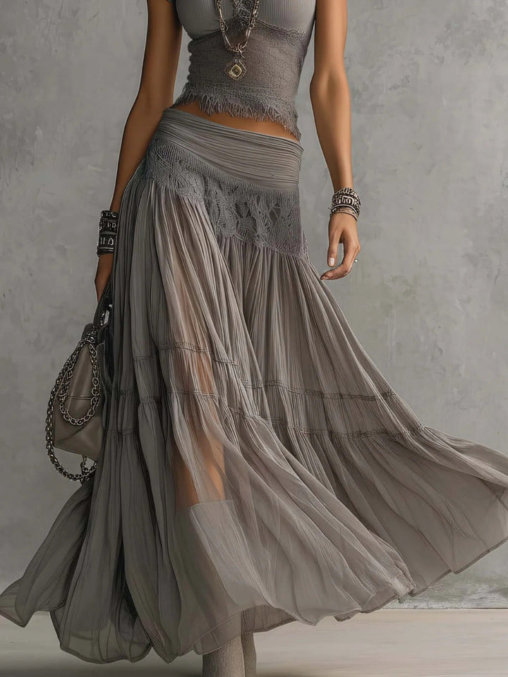 Marianne | Gray transparent top with lace details and pleated maxi skirt (set)