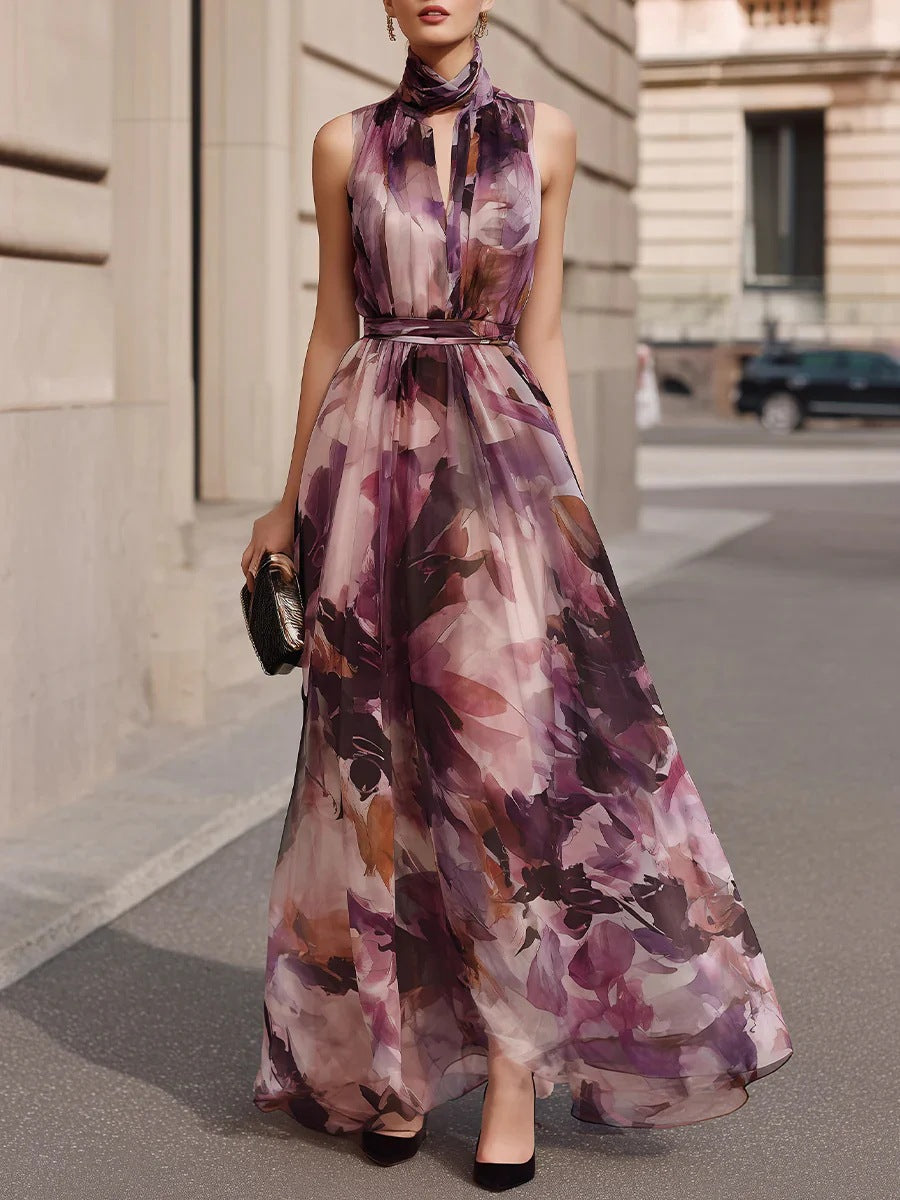 Floryn | Floral Maxi Dress with Tie Collar and Belt
