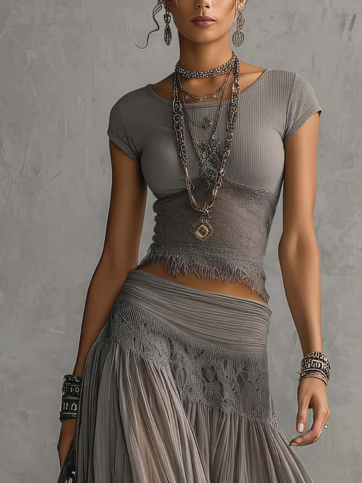 Marianne | Gray transparent top with lace details and pleated maxi skirt (set)