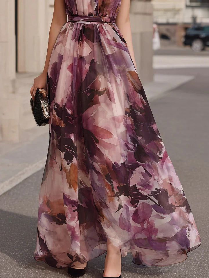 Floryn | Floral Maxi Dress with Tie Collar and Belt