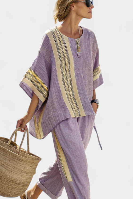 Elowric | Elegant Lavender Top &amp; Mustard Striped Pants