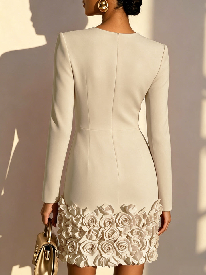 Delaney white mini dress with 3D flowers, back view