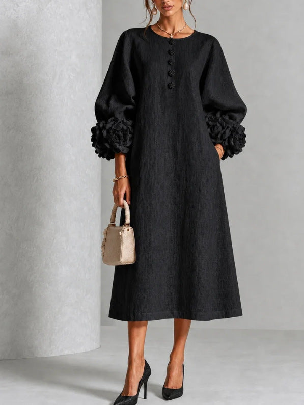 Hadlee Rosette-Cuff Button Midi Dress in black