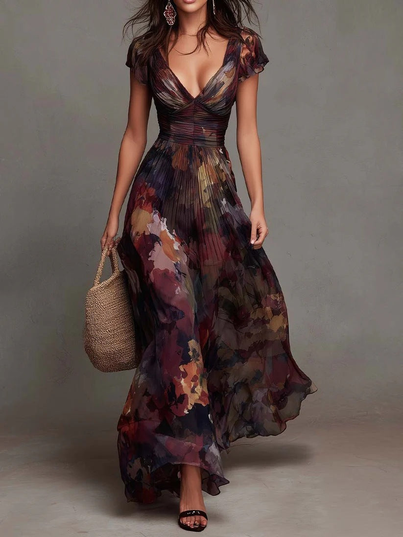 Mira | Maxi Dress with Watercolor Floral Print, Pleats, and V-Neck