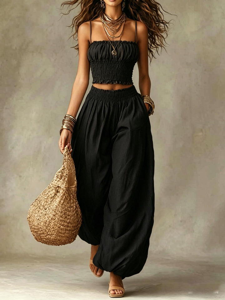 Tiara | Two-Piece Set with Smocked Crop Top and Wide Leg Pants