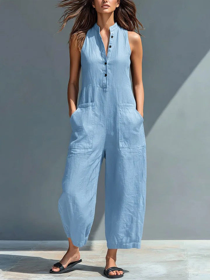 Sienna | Sleeveless jumpsuit with high collar, made of mixed linen and buttons