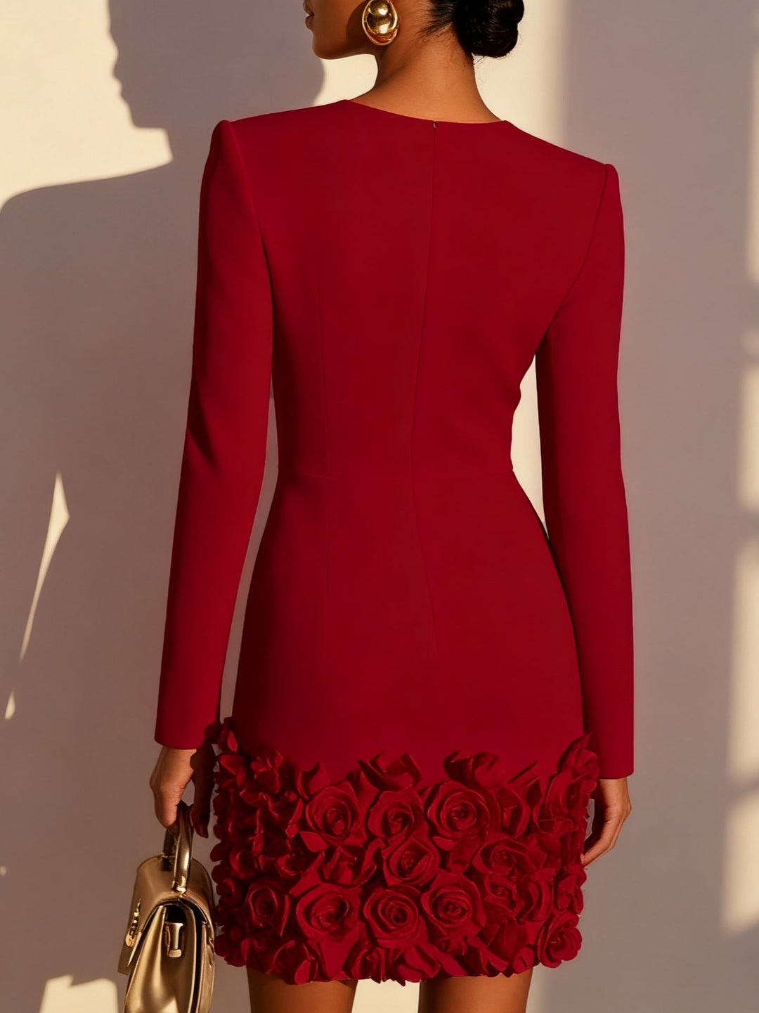 Delaney red mini dress with 3D flowers, back view