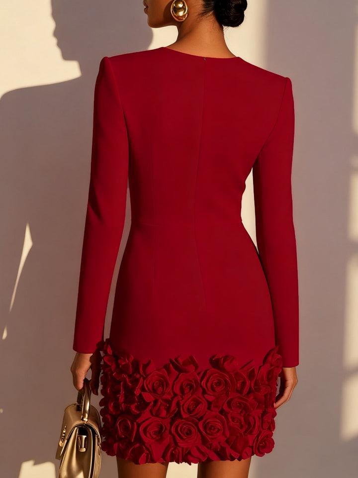 Delaney red mini dress with 3D flowers, back view