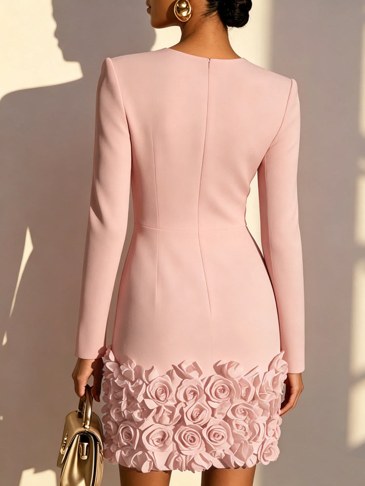 Delaney pink mini dress with 3D flowers, back view