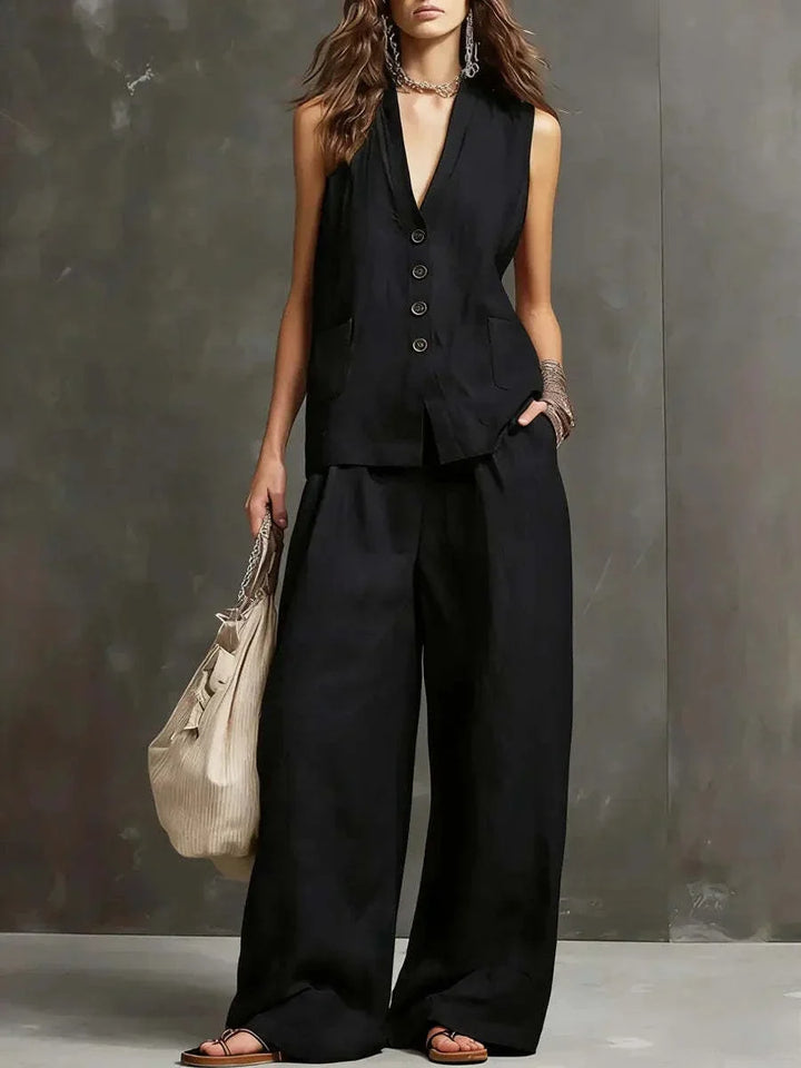 Irina | Cotton and Linen Two-Piece Set with Sleeveless Vest and Wide-Leg Pants
