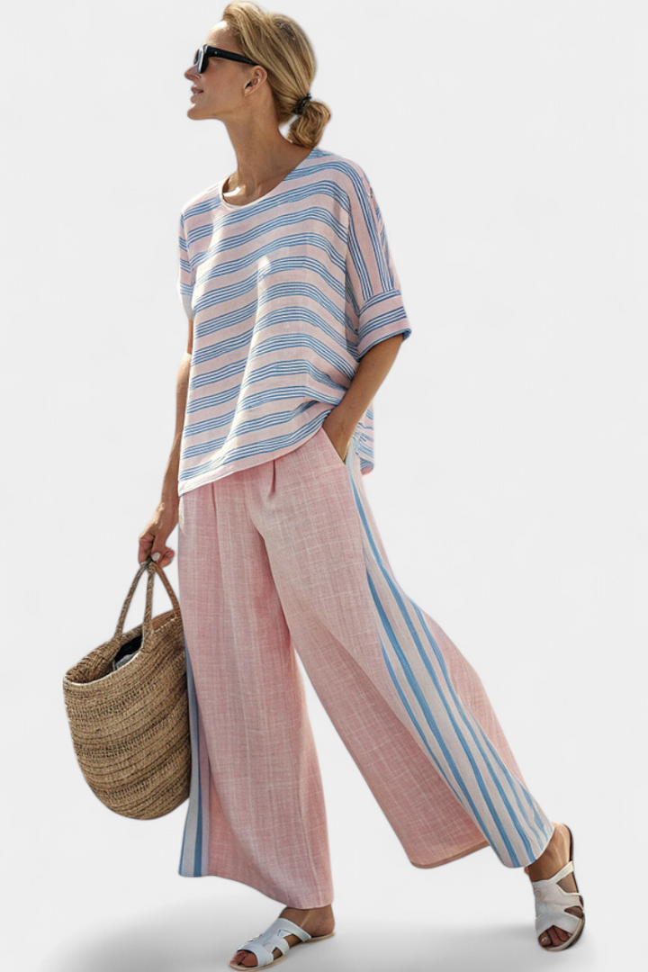 Virella | Elegant Pink-Blue Linen Blouse &amp; Soft Pants