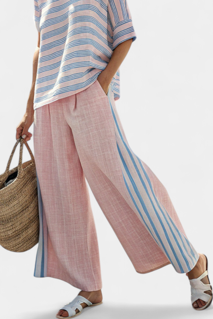 Virella | Elegant Pink-Blue Linen Blouse &amp; Soft Pants
