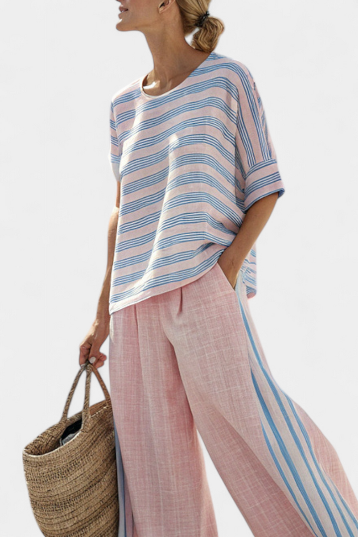 Virella | Elegant Pink-Blue Linen Blouse &amp; Soft Pants