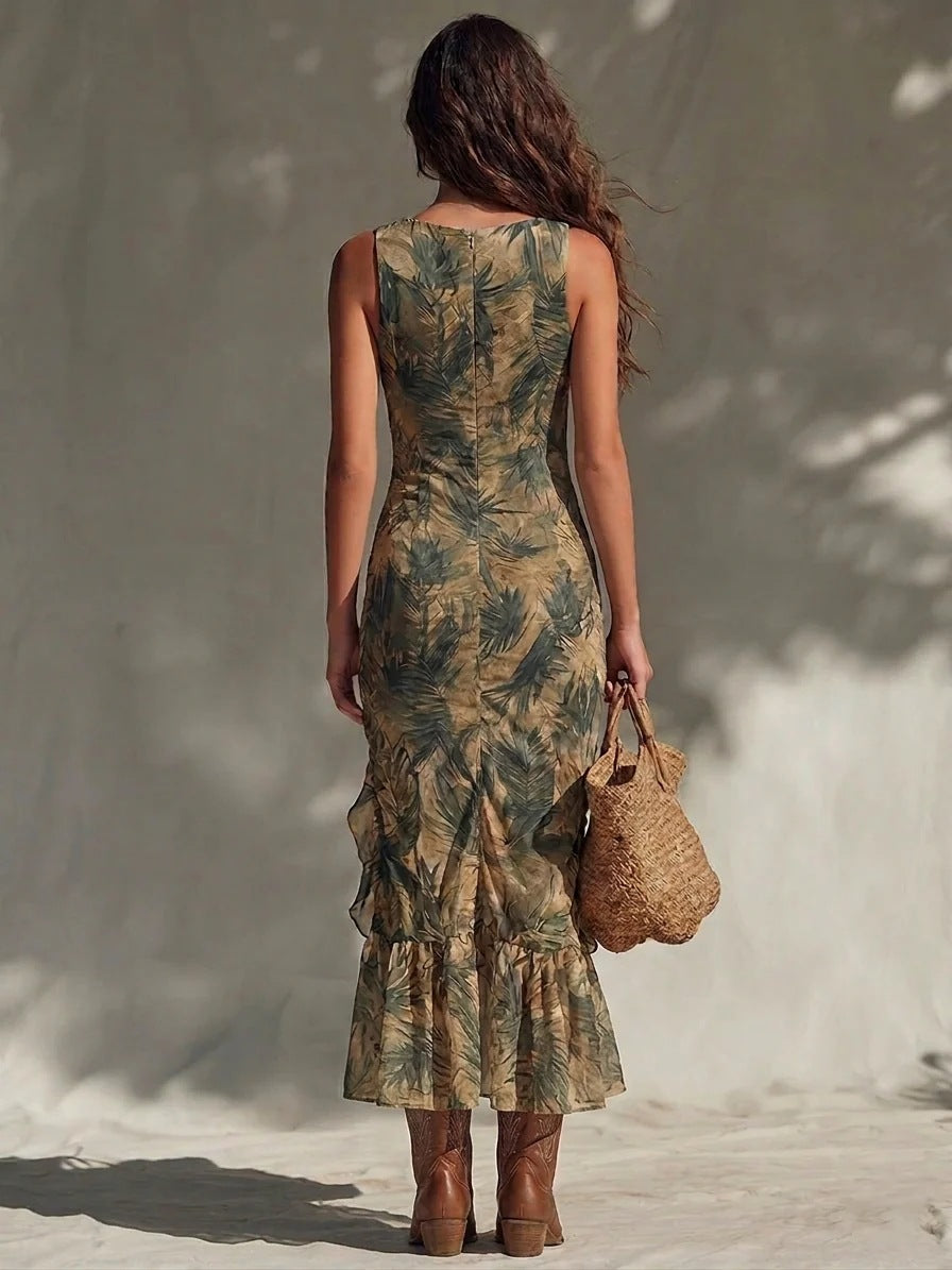 Remi | Maxi Dress with Palm Print, Ruffles, Gathering, and Slit