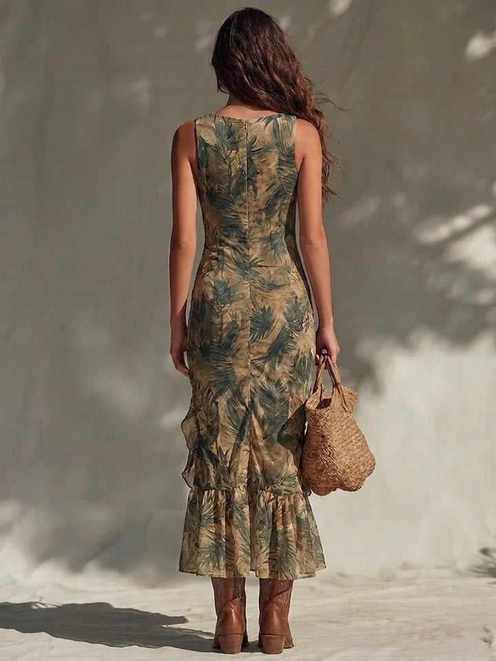 Remi | Maxi Dress with Palm Print, Ruffles, Gathering, and Slit