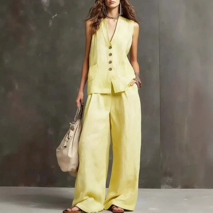 Irina | Cotton and Linen Two-Piece Set with Sleeveless Vest and Wide-Leg Pants