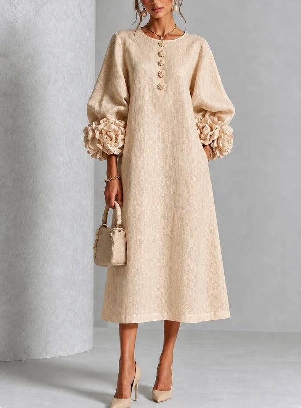 Hadlee Rosette-Cuff Button Midi Dress in beige