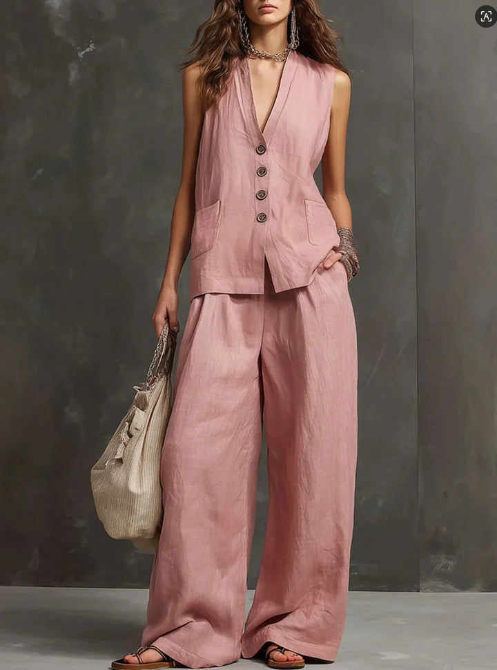 Irina | Cotton and Linen Two-Piece Set with Sleeveless Vest and Wide-Leg Pants