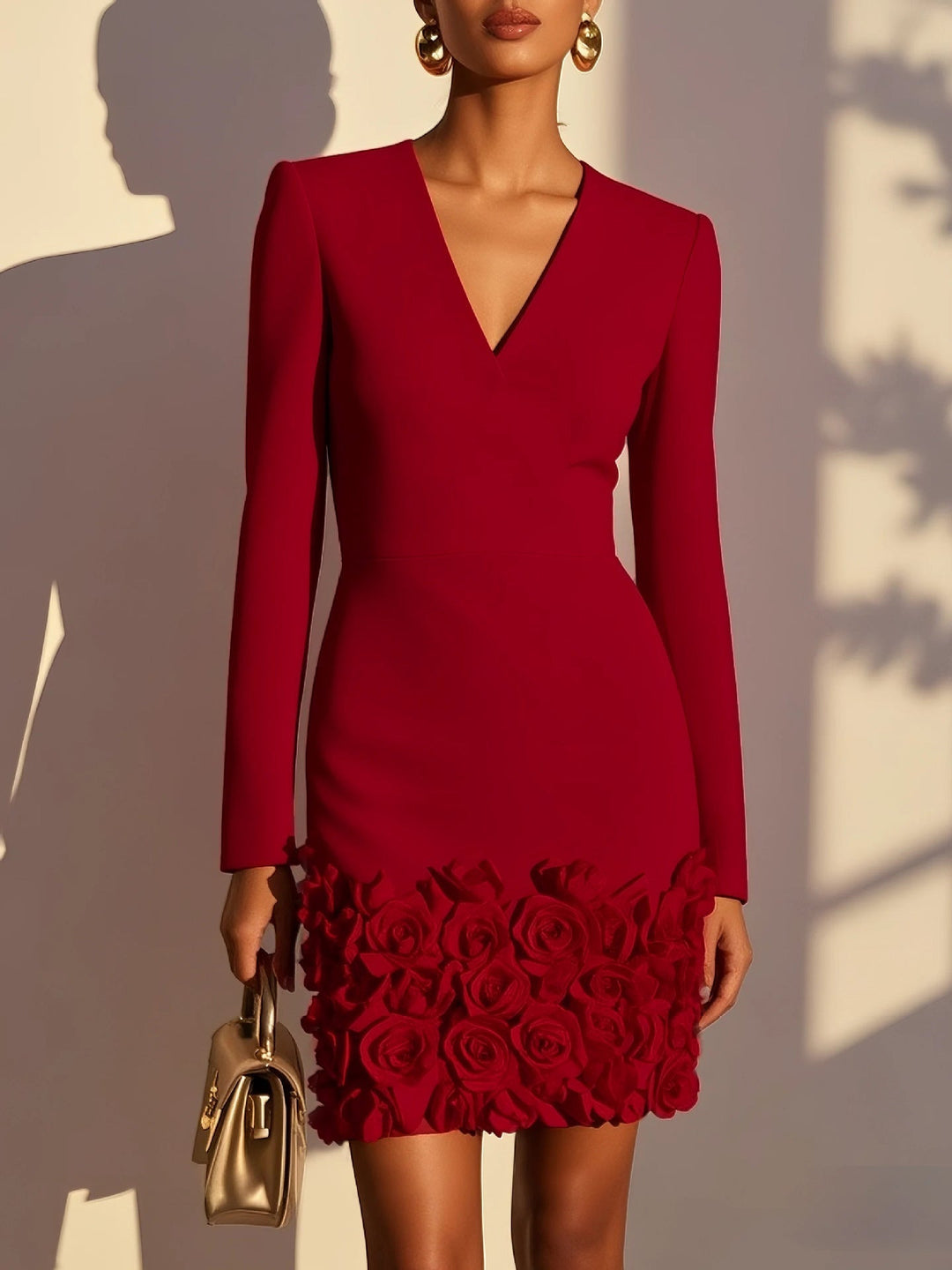 Delaney red mini dress with 3D flowers, front view