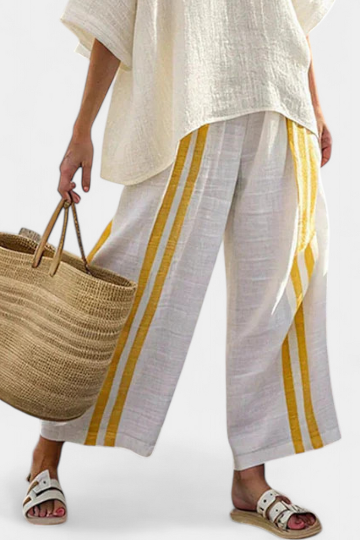Anselor | Elegant Yellow Striped Linen Top &amp; Wide-Leg Pants