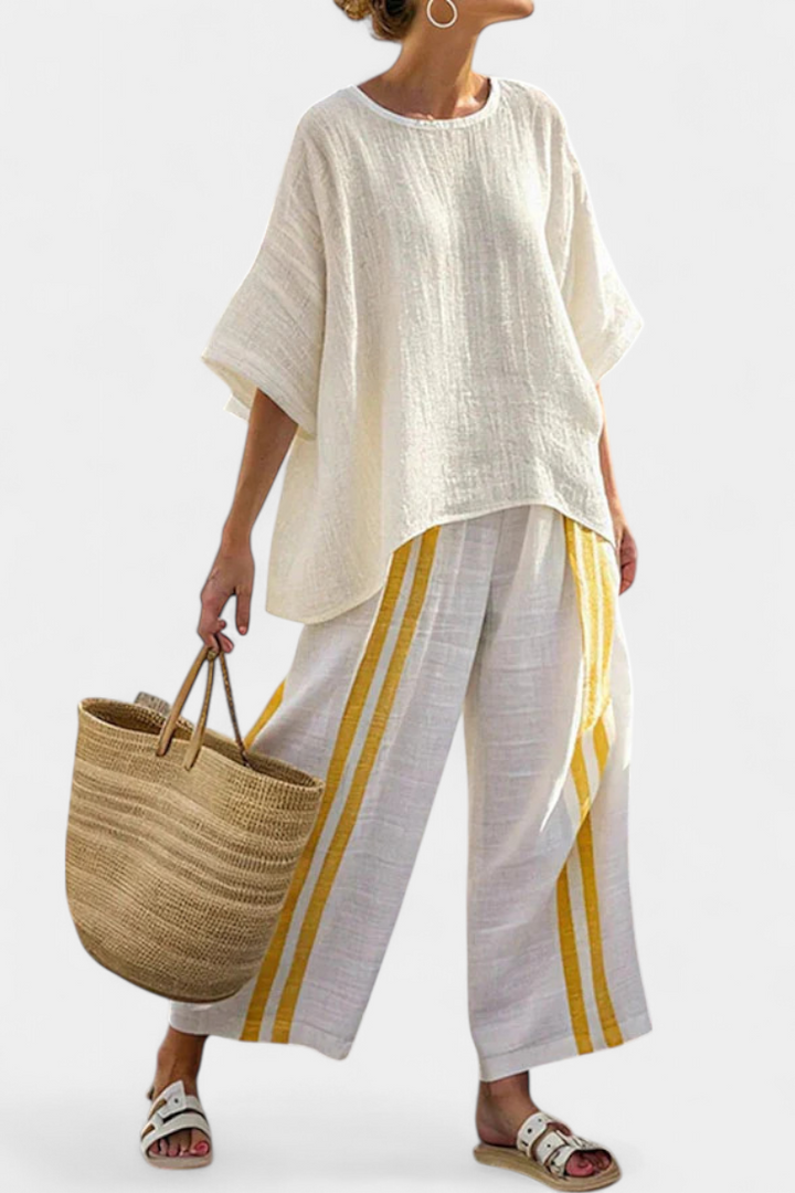 Anselor | Elegant Yellow Striped Linen Top &amp; Wide-Leg Pants